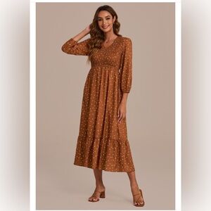 Mocha Dot Long Sleeve V Neck Smocked Maxi Dress